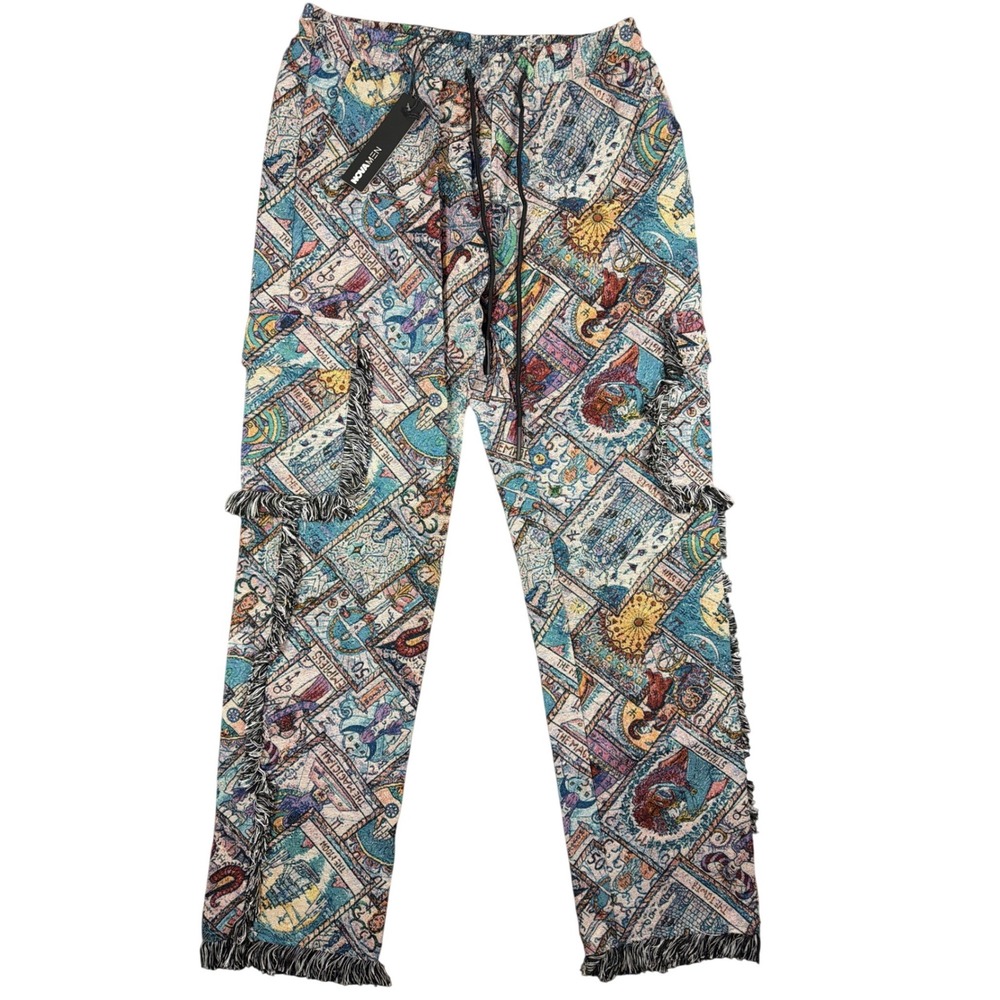 NovaMen Tarots Tapestry Cargo Pants Multi Color Straight Leg Fringe Size L NEW